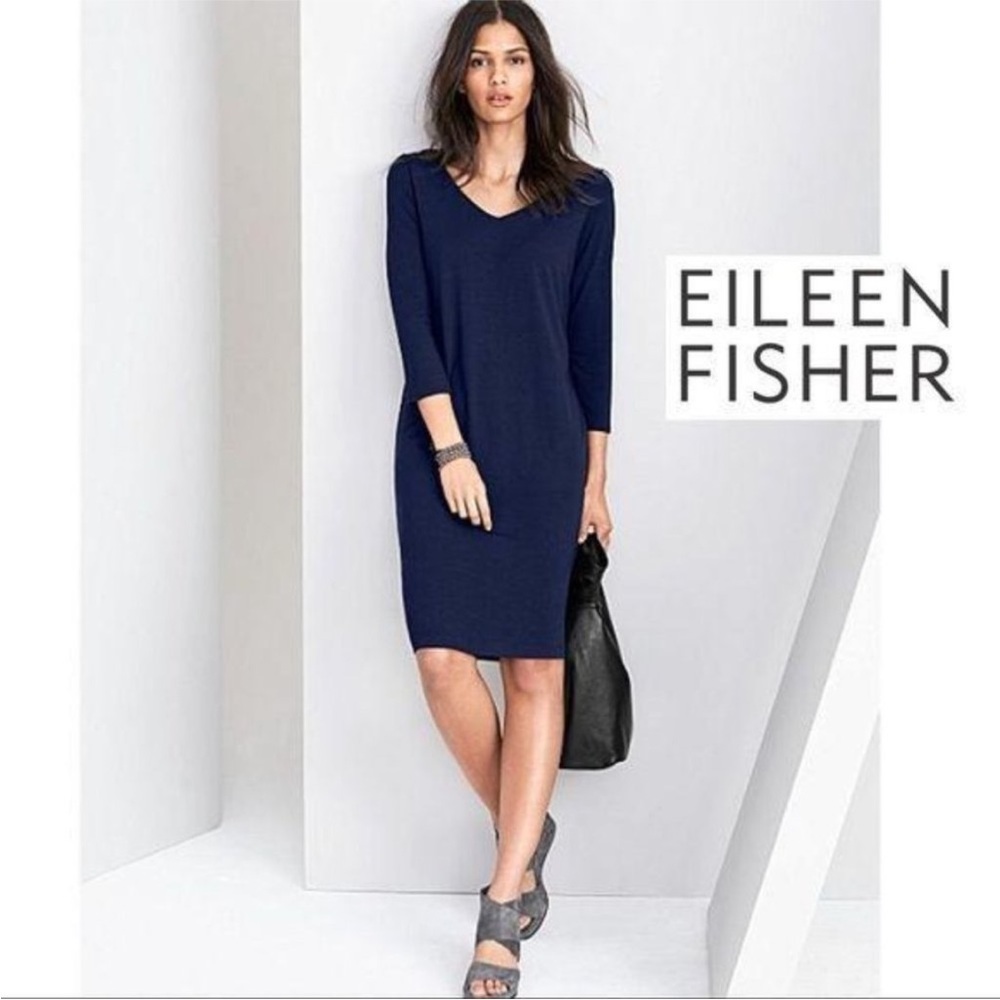 Eileen Fisher Viscose Jersey 3/4 Sleeve V Neck Dress Navy Blue Women’s Sz XS/TP